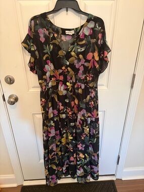 Ava & Viv Black Floral Midi Dress with Pink, Yellow & Green Print